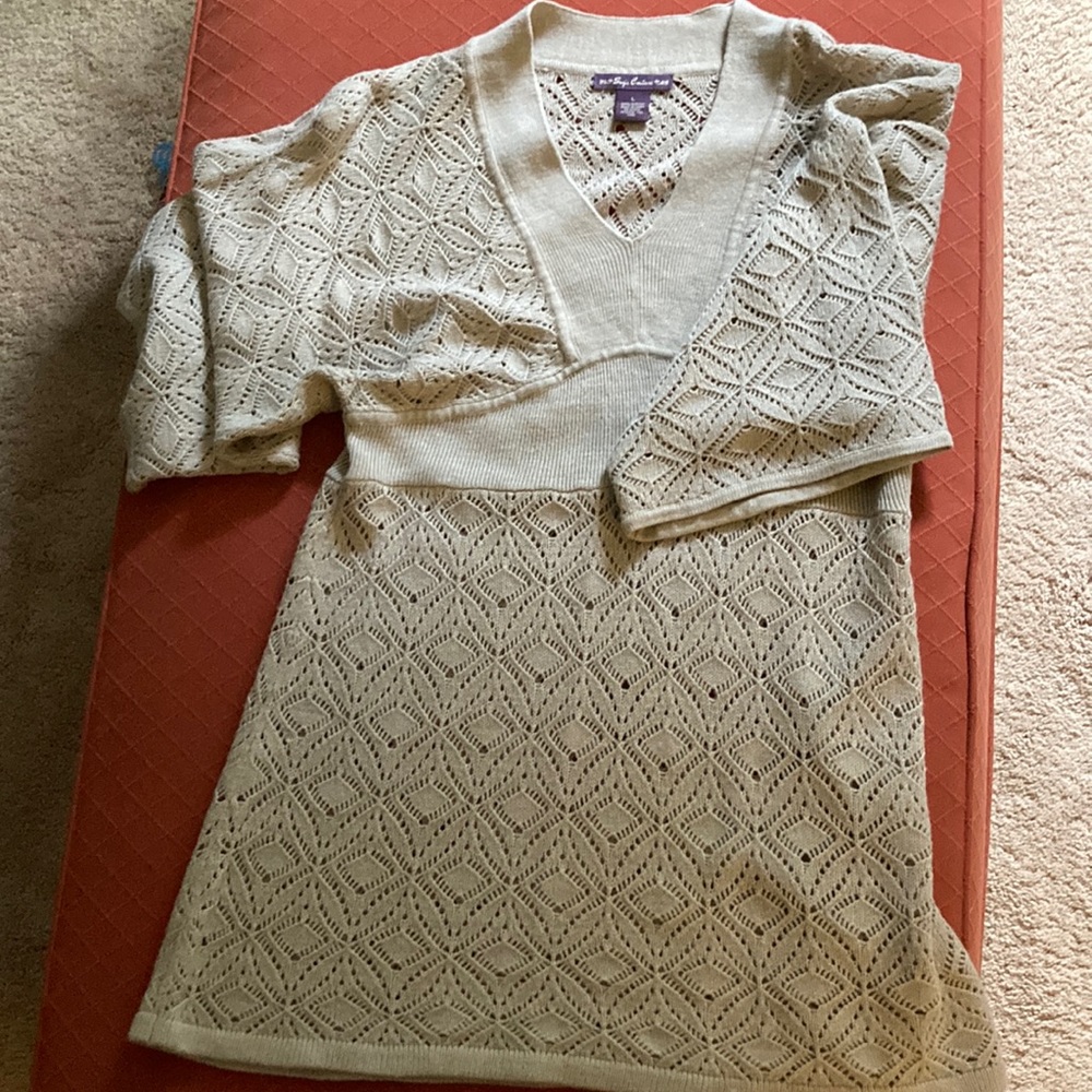 Taupe lace knit 3/4 length bell sleeve sweater